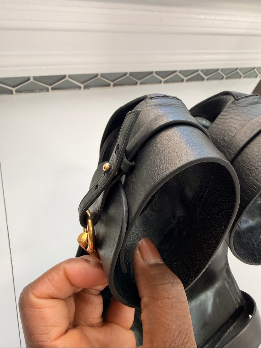 Gucci Black Leather High-Heel Ankle-Cuff Sandals with Gold Buckle - Picture 7 of 14